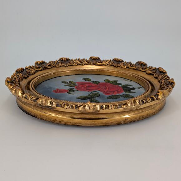 Red Rose Oil Painting Oval Ornate Gold Frame Jean Baker Signed Floral Flower Art - Picture 5 of 10